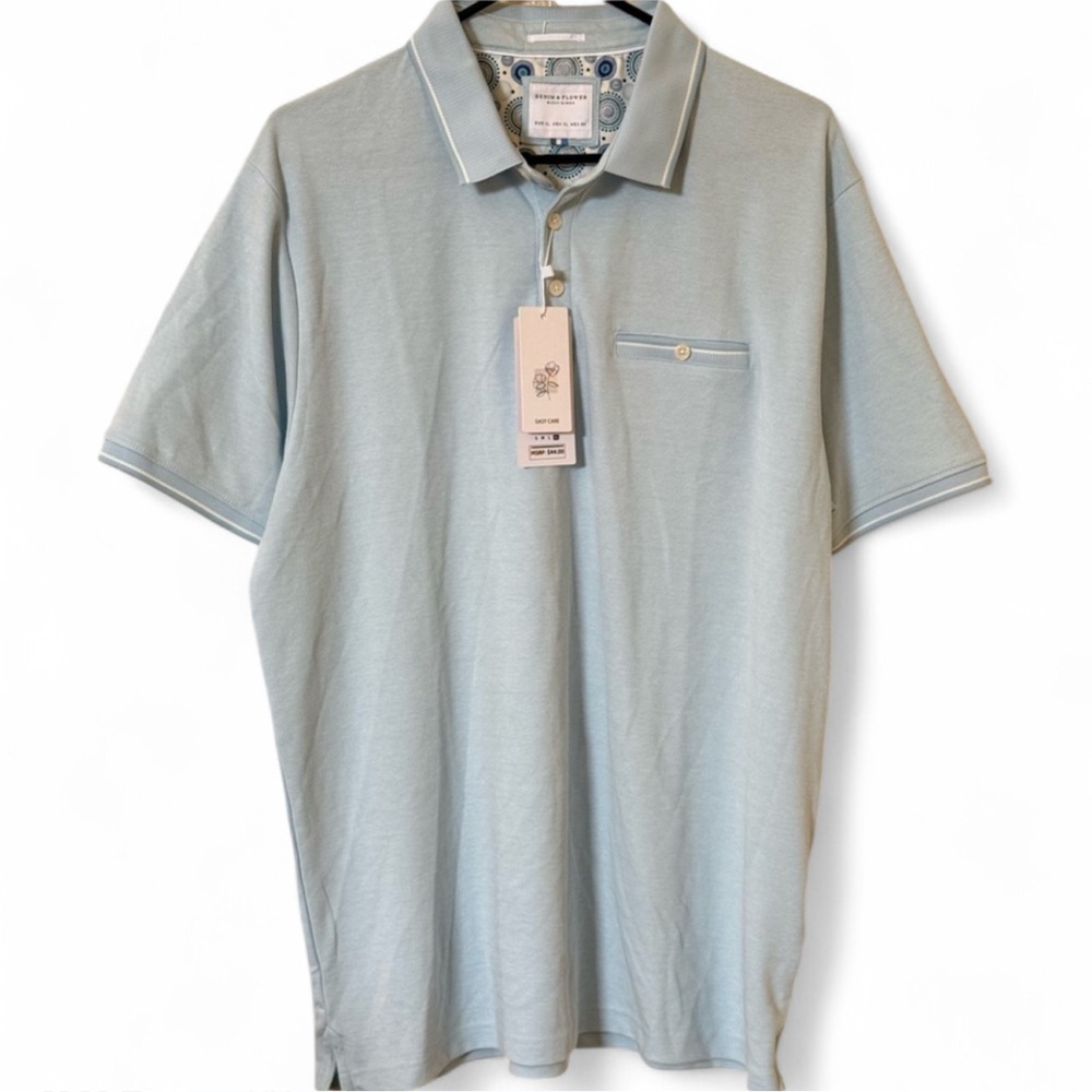 Denim & Flower Ricky Singh Polo Shirt Light Blue NWT Easy Care Men’s XL